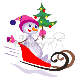 Snowman Sledding Fast Down the Hill Holding a Decorated Christmas Tree clipart. Commercial use image # 143470