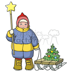Child Pulling His Christmas Tree On His Sled clipart.
