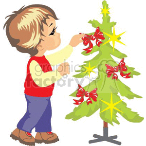 A little boy hanging bows on a christmas tree