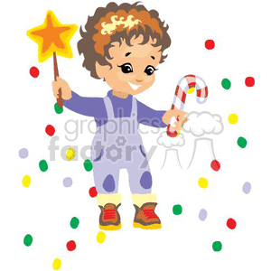 A little boy holding a christmas star and a candy cane clipart. Royalty-free image # 143770
