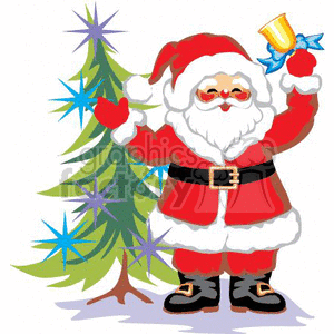 Happy Santa Claus Ringing a Bell By a Decorated Christmas Tree clipart.