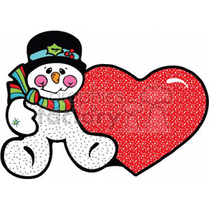 Happy Snowman with a Black Hat and Colorful Scarf Sitting Next to a Large Red Heart