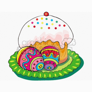 clipart - Sprinkled Cupcake on a Plate with Two Beautiful Easter Eggs.