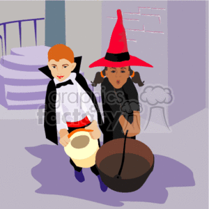 A little girl and boy trick or treating dressed as a vampire and a witch animation. Royalty-free animation # 144470