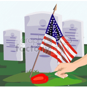 The clipart image depicts a cemetery in the United States of America, likely on Memorial Day. The graves are decorated with American flags to honor the memory of military personnel who died while serving their country. This image represents the idea of remembering and honoring the sacrifices made by those who served in the armed forces.
