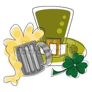 clipart - A Green Irish Hat Green Four Leaf Clover and a Silver Mug Overflowing with Beer.