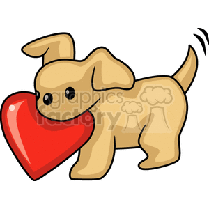 Valentines puppy holding red heart in mouth