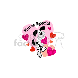 A Dancing Black and White Dog Holding a Pink Heart says You're Special