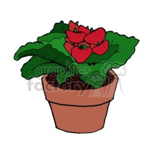The clipart image displays a potted plant with green leaves and prominent red flowers. The pot is terracotta colored, and the plant appears healthy and well-maintained.