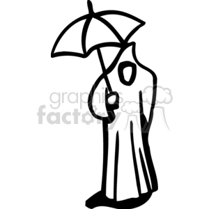 A Black and White Figure in a Raincoat Holding an Umbrella clipart. Royalty-free image # 155787