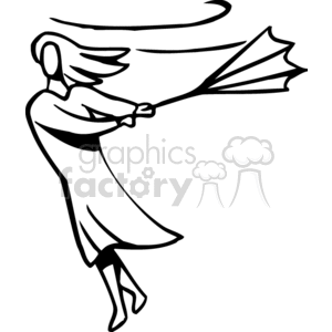 A Black and White Figure of a Woman Holding and Broken Umbrella Because the wind is so Strong clipart. Royalty-free image # 155789