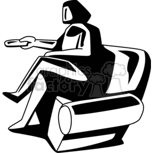 A Black and White Image of a Persong Sitting in a Chair and Pushing the Remote to the TV clipart. Commercial use image # 155793