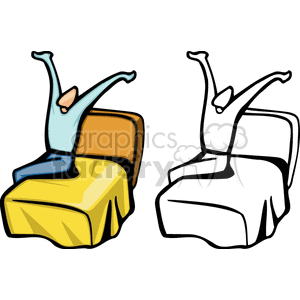 A Single Bed with a Man Sitting and Stretching clipart.