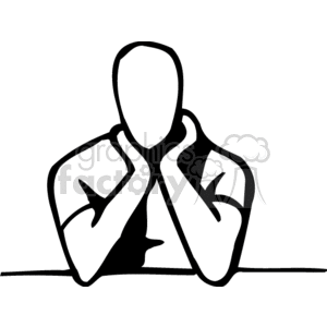 A Black and White Image of a Person Sitting With their Hands on their Chin Thinking clipart. Commercial use image # 155819