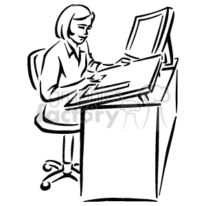 Black and White Woman Sitting at a Desk Using a Ruler on A Large Piece of Paper clipart. Royalty-free image # 156284