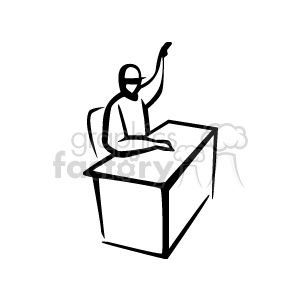 Black and White Person with a Ball Cap Sitting at a Desk Raising their Hand clipart. Royalty-free image # 156561