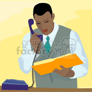 A Man Standing While Holding the phone and also holding a Yellow Book clipart. Commercial use image # 156577