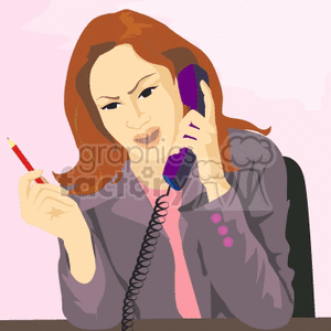 A Woman Looks Mad While she Talks on the Phone Holding a Pencil clipart. Commercial use image # 156579