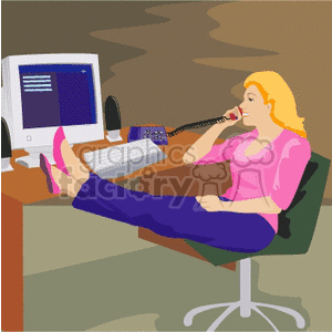 A Woman Sitting at a Computer Desk With her Legs up Chatting and Smiling clipart.