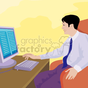 clipart - A Man Sitting at a Computer Desk Typing and Looking at the Screen Smiling.