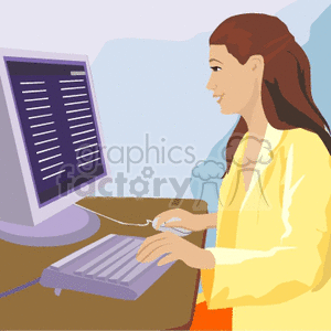 A Woman Sitting at a desk Typing and Using a Mouse to find something on the Computer clipart.