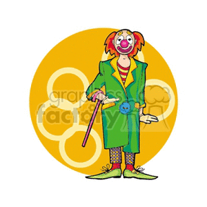 A Clown Wearing a Green Overcoat Striped shirt and Holding a Cane