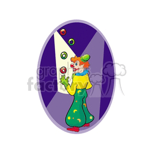 A Clown Standing Backwards Juggling Some Colorful Rings clipart.