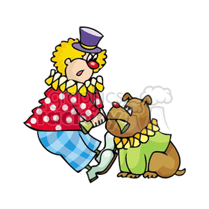 A Clown in Polkadots and Plaid Trying to Pull Something out of a Sitting Dogs Mouth clipart. Commercial use image # 156705