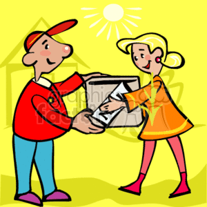 A Delivery Man in Red Handing a Happy Woman a Brown Box  clipart.