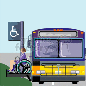 clipart - A Bus Using a Lift to Unload a Woman and her Wheelchair.