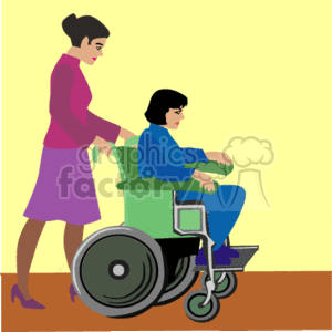 clipart - A Woman in Pink Pushing another Woman in a Wheelchair.