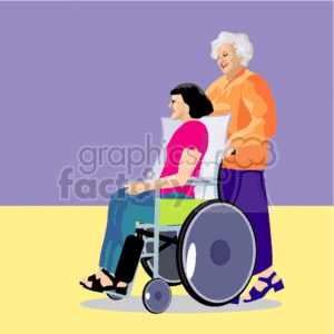 An Old Woman Walking a Young Girl in a Wheelchair clipart. Commercial use image # 156936