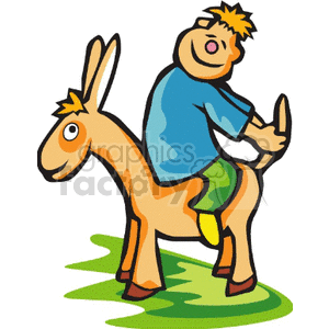 A boy riding backwards on a donkey clipart.