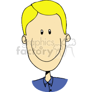 A blonde haired face of a smiling boy in a blue shirt clipart. Royalty-free image # 158766