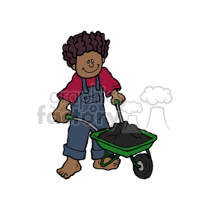 African american boy pushing a wheelbarrow. clipart.