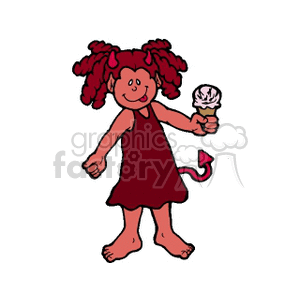 A Young Girl Looks like a Devil holding an Ice Cream Cone clipart.
