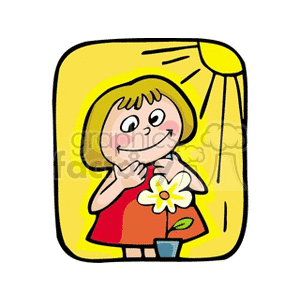 Little girl smiling at a flower clipart. Commercial use image # 159017