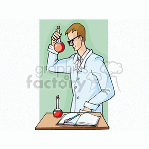 clipart - Cartoon scientist studying a beaker .