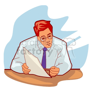 Cartoon man with shirt and tie showing someone a document