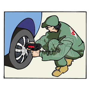 Car mechanic tightening the lugnuts on a rim clipart.