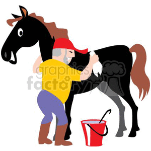 man brushing horse cartoon