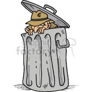 The clipart image shows a private investigator or detective searching for clues related to a crime. Cartoon private investigator hiding in a trash can.