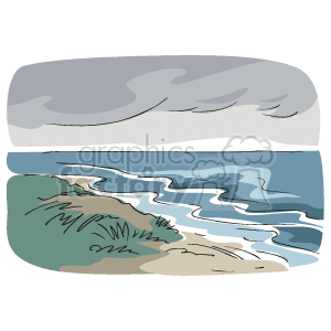 The clipart image depicts a stylized coastal scene. It features layers representing a cloudy sky, a body of water presumed to be an ocean, and a sandy beach with some vegetation, likely grasses or dunes. The image is simplified with minimal detail and uses a limited color palette.