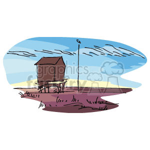 The clipart image features a beach scene with a lifeguard tower on the sand, a flagpole beside it, and the ocean in the background with a few clouds in the sky. It conveys a coastal setting that could represent the East Coast or a generic beach environment.