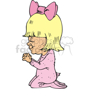 Blond little girl in pink pajamas praying in her knees