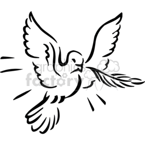 White dove flying with a branch in its mouth in back and white clipart. Commercial use image # 164881