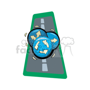 The clipart image displays three roundabout traffic signs positioned on a stylized representation of a road. Each sign features a circular blue background with three white arrows indicating movement in a counterclockwise direction, which is common in countries where traffic drives on the right side of the road.