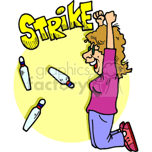 lady getting a strike while bowling clipart.