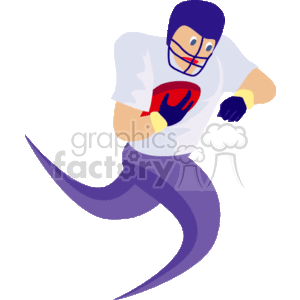 The clipart image depicts a stylized illustration of an American football player in a running pose. The player is wearing football gear which includes a helmet, jersey, gloves, and pants. He is clutching a football in one hand, suggesting he is carrying it down the field while playing a game. The player's lower body is represented by a curved, flowing shape instead of distinct legs, giving the image an abstract feel.