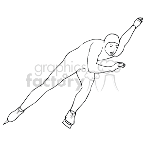 The image is a black and white clipart of a person ice skating. The individual is portrayed in a dynamic pose, with one arm extended forward and the other outstretched to the side, emphasizing motion. The skater is wearing a form-fitting suit and skates, suggesting a competitive speed skating scenario rather than recreational ice skating.